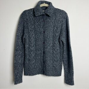L.L. Bean Blue Speckled Wool Blend‎ Cable Knit Button Down High Collar Sweater S